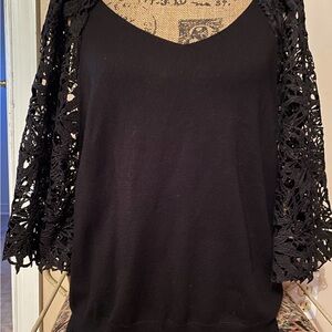 Elegant Black Top with Crochet Sleeves